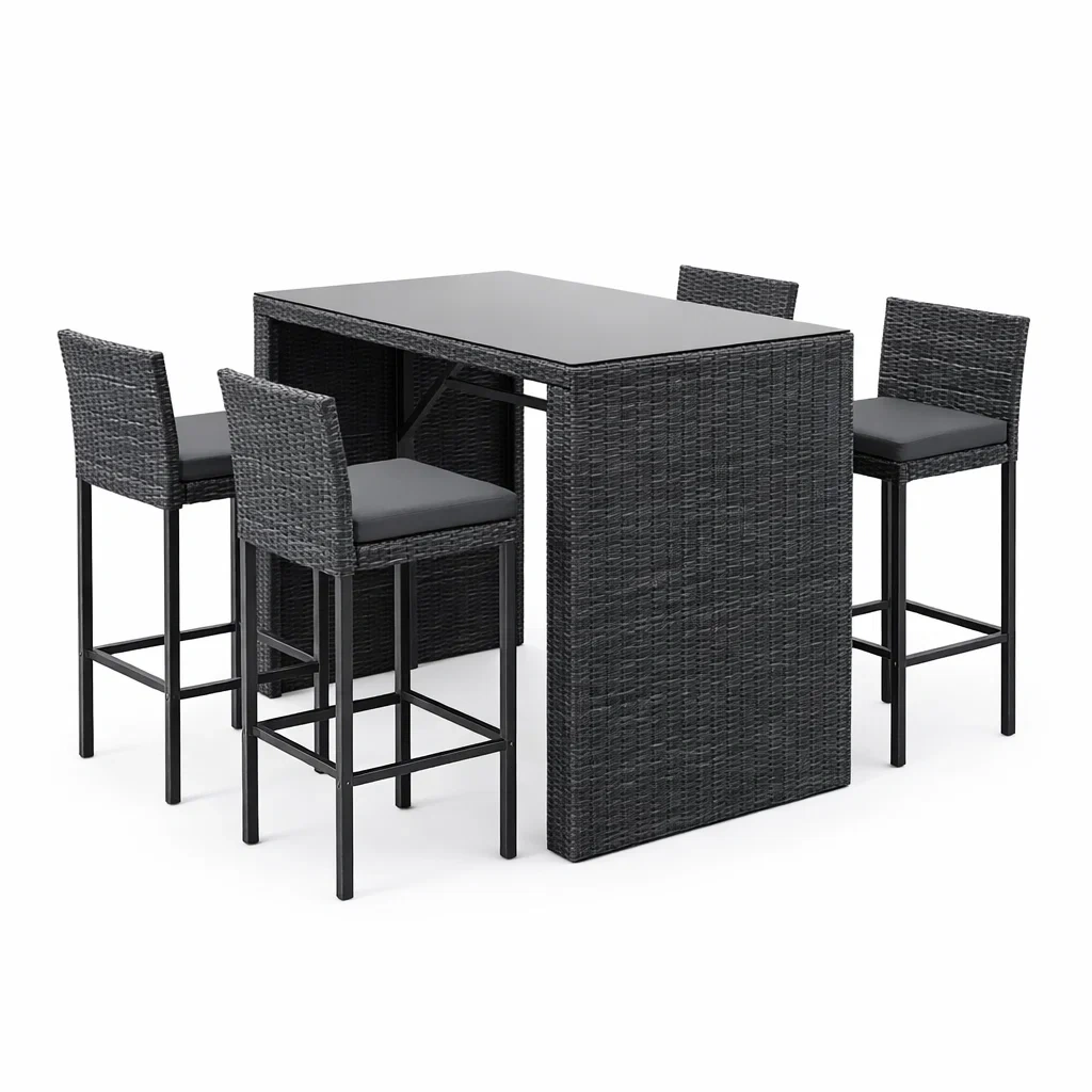 Set da bar in rattan nero con piano in vetro temperato-DREAMNOOKZ