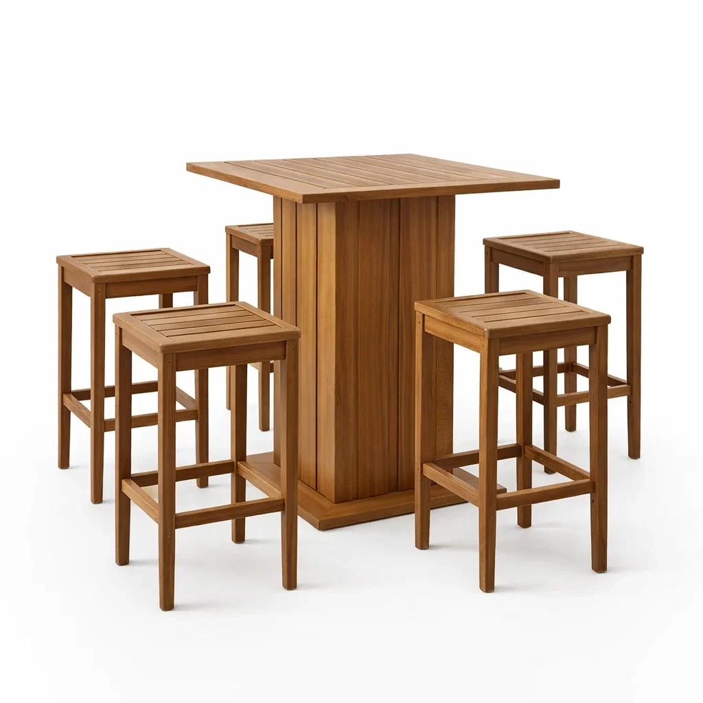 Set da bar in teak con tavolo quadrato alto e sgabelli-DREAMNOOKZ