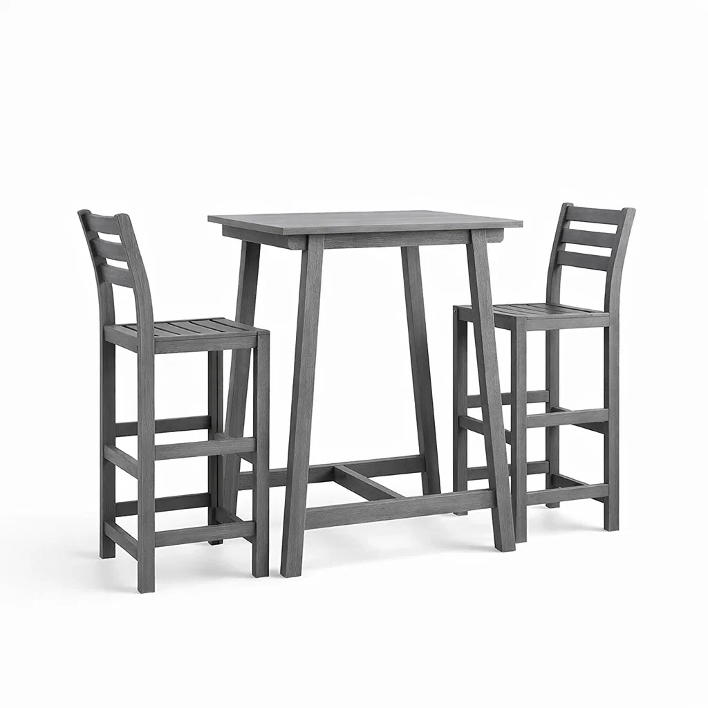 Set da bar per interno in legno grigio opaco con tavolo alto e sedie-DREAMNOOKZ