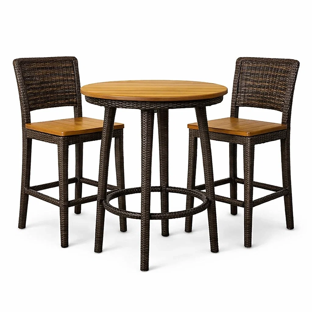 Set da bar in legno di acacia e polyrattan con tavolo alto rotondo e sedie-DREAMNOOKZ