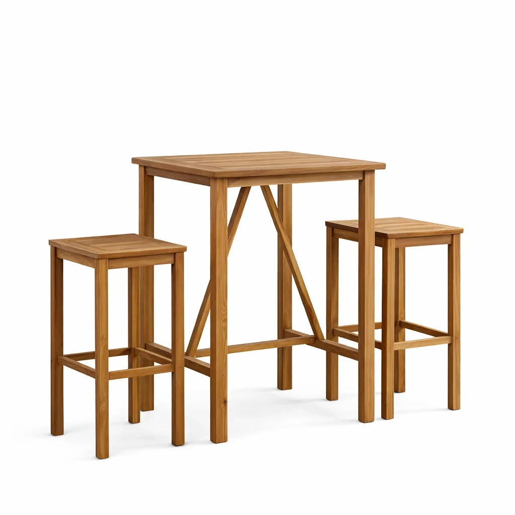 Set da bar in legno teak naturale con tavolo e sgabelli 60x60x105 cm-DREAMNOOKZ