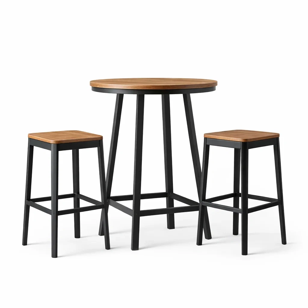 Set da bar in legno naturale e metallo nero con tavolo e sgabelli-DREAMNOOKZ