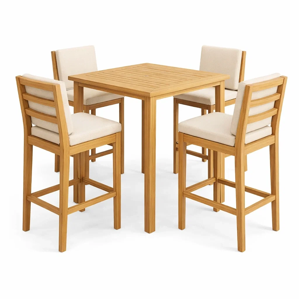 Set da bar in legno con tavolo e sedie con sedute imbottite beige-DREAMNOOKZ