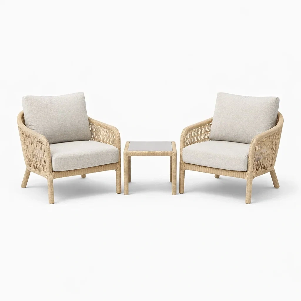 Set relax in rattan sintetico beige con due poltrone e tavolino-DREAMNOOKZ