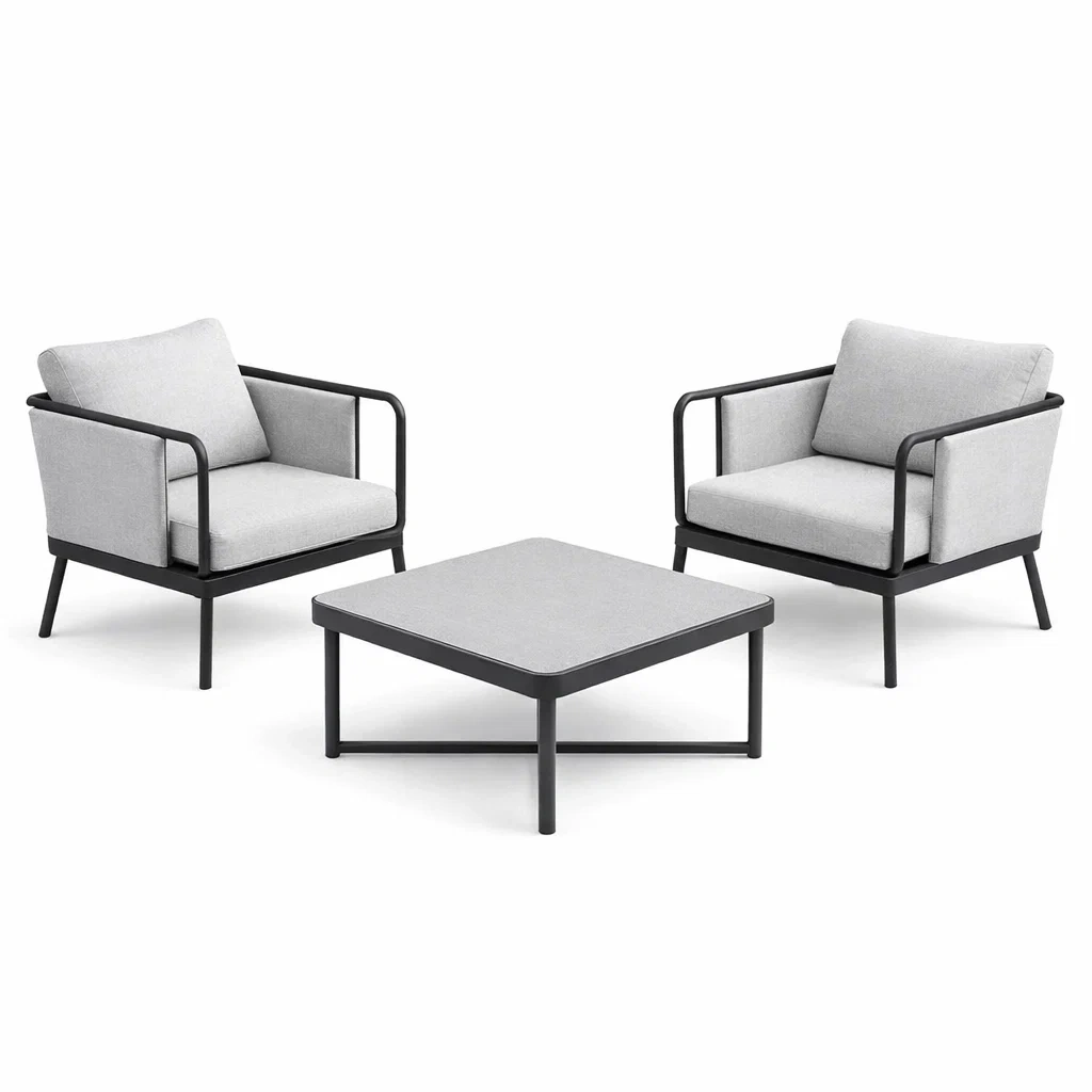 Set relax con due poltrone e tavolino in alluminio e tessuto grigio-DREAMNOOKZ