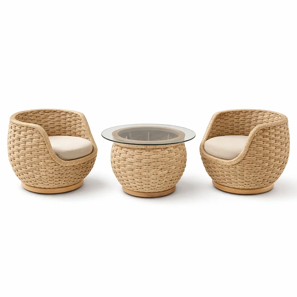 Set relax in rattan sintetico con sedute e tavolino in vetro temperato-DREAMNOOKZ