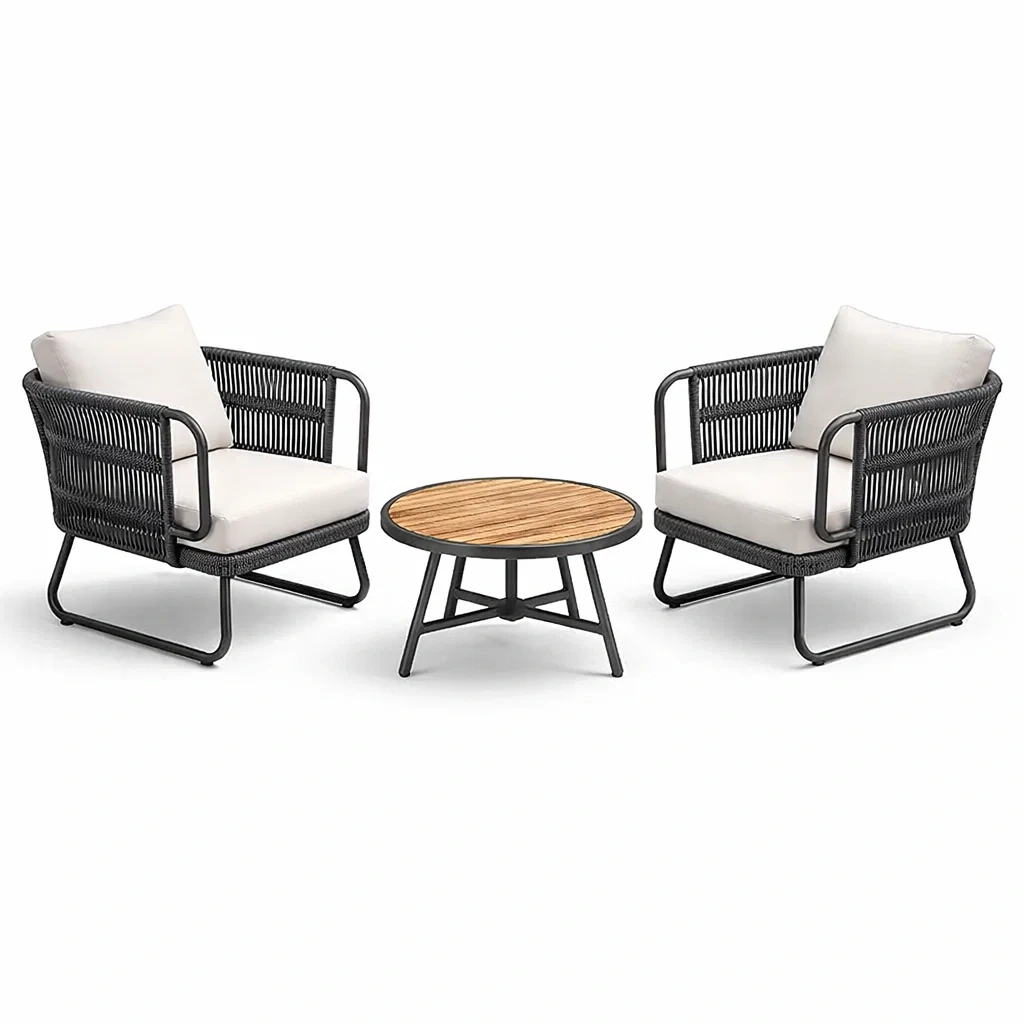 Set relax in metallo e rattan sintetico beige e nero con poltrone e tavolino-DREAMNOOKZ
