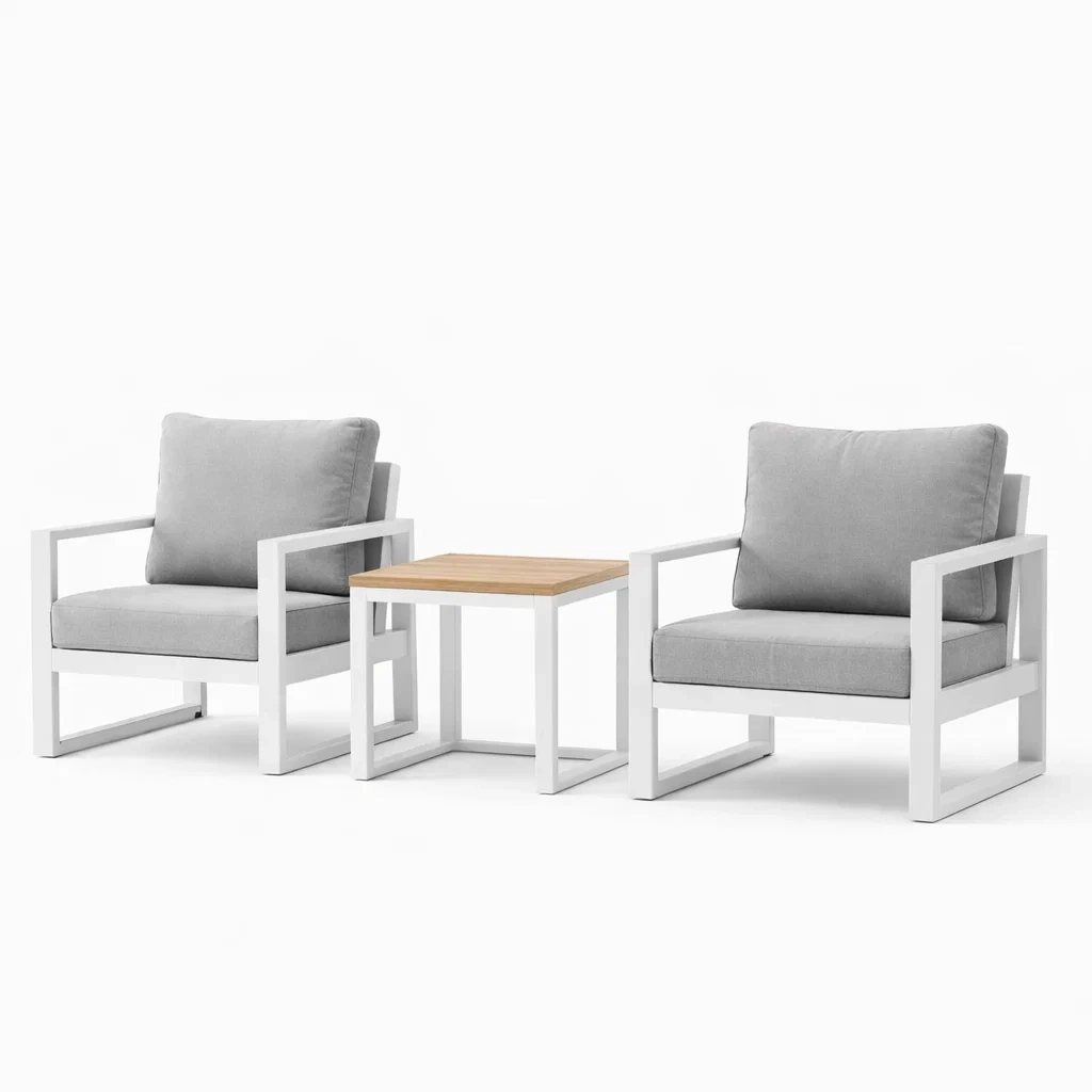 Set relax in metallo bianco con cuscini grigi e tavolo in legno-DREAMNOOKZ