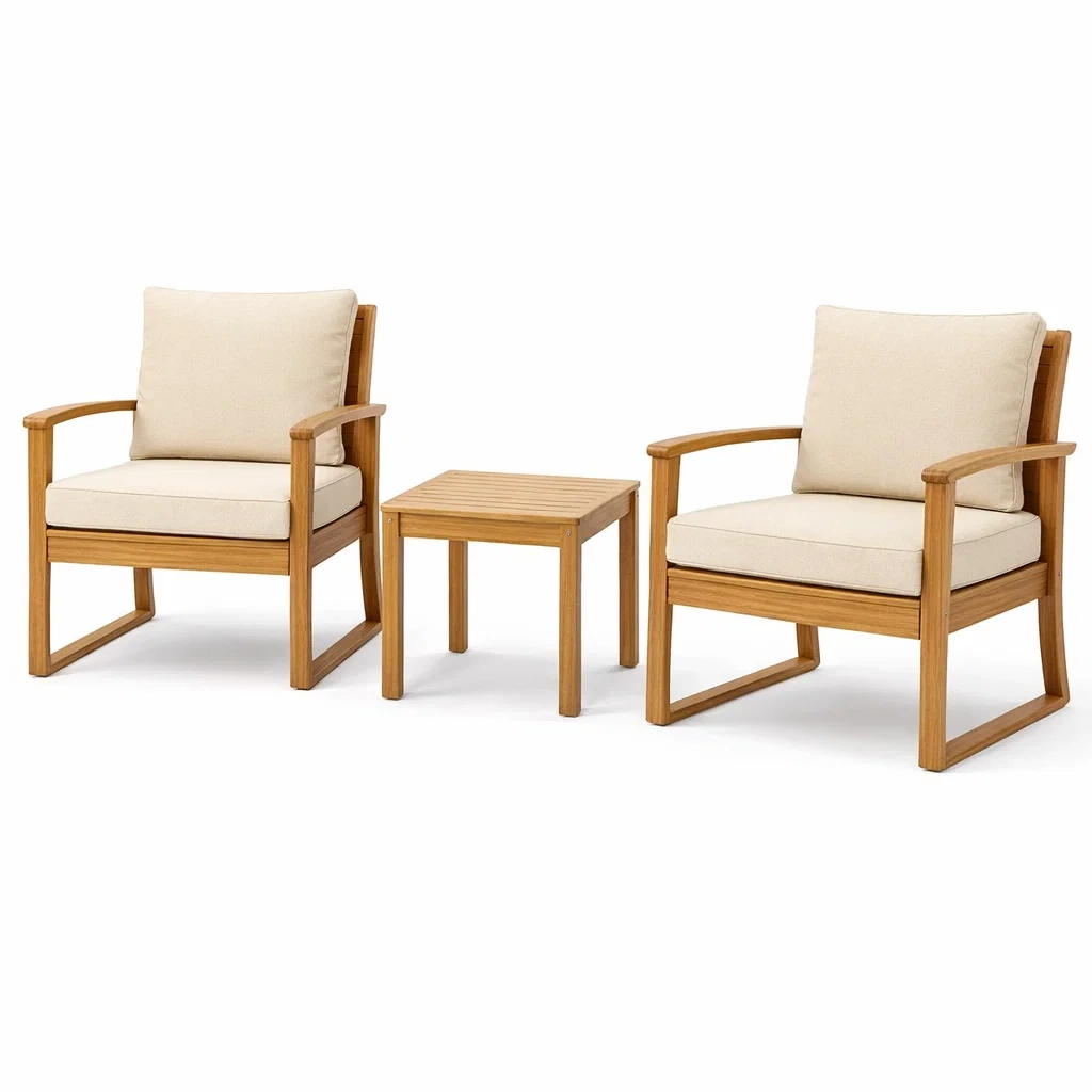 Set relax in legno massello con due poltrone e tavolino e cuscini in poliestere color crema-DREAMNOOKZ