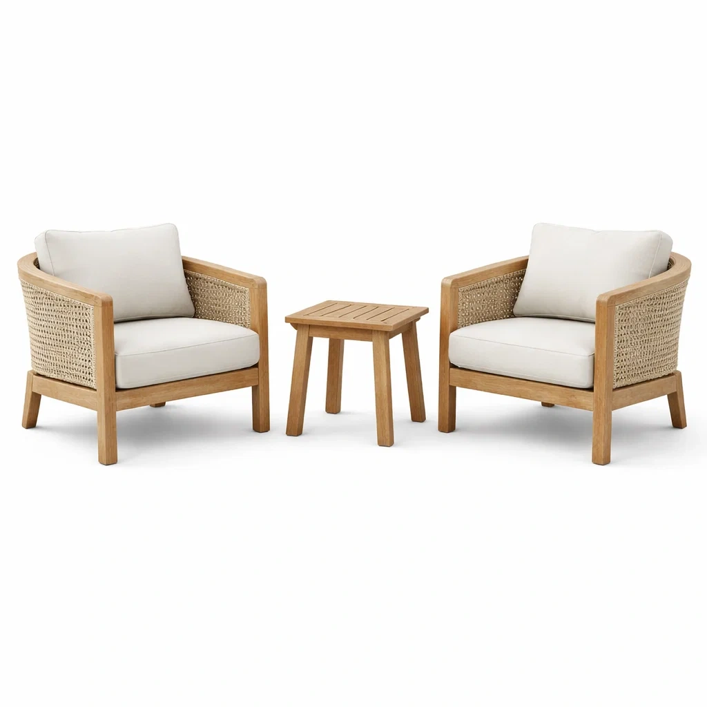 Set relax in rattan e legno di teak con poltrone e tavolino e cuscini beige-DREAMNOOKZ