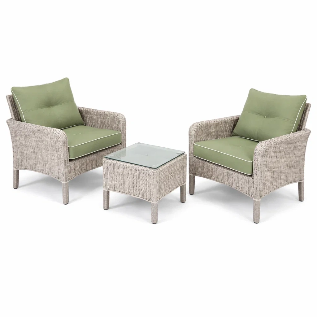 Set relax in rattan beige con cuscini verdi e tavolino in vetro temperato 3 pezzi-DREAMNOOKZ