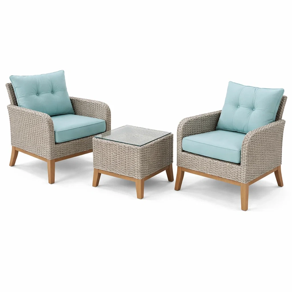 Set relax in rattan con cuscini azzurri e tavolino in vetro temperato-DREAMNOOKZ