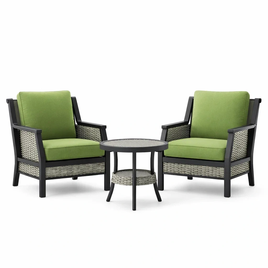 Set relax con due poltrone in metallo e tessuto verde e tavolino rotondo in wicker e acciaio-DREAMNOOKZ