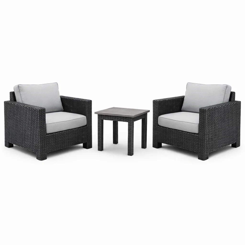 Set relax in rattan sintetico nero con due poltrone e tavolino e cuscini grigi-DREAMNOOKZ