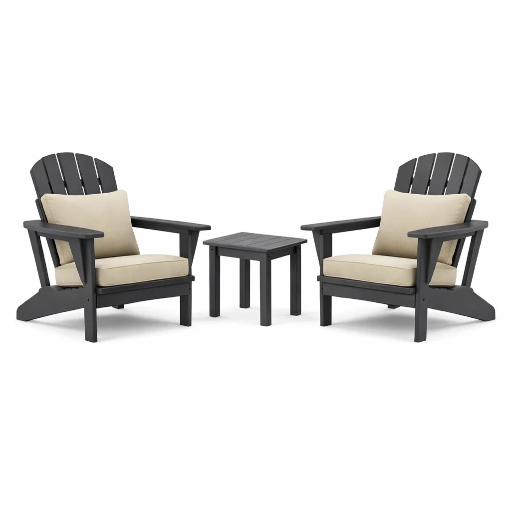 Set relax in legno nero con sedie Adirondack e tavolino e cuscini beige-DREAMNOOKZ