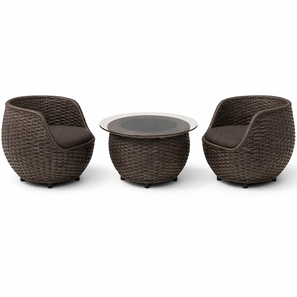 Set relax in rattan con poltrone e tavolino in vetro temperato-DREAMNOOKZ