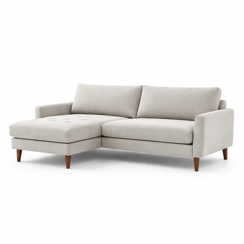 Divano Angolare in Tessuto Poliestere Beige con Gambe in Legno Massello e Chaise Longue-ZENVIBEZZ