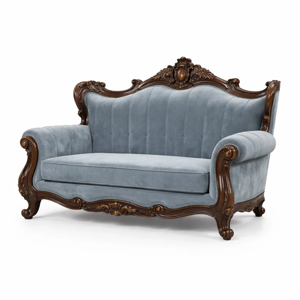 Divano in Velluto Blu con Struttura in Legno Massello-ZENVIBEZZ