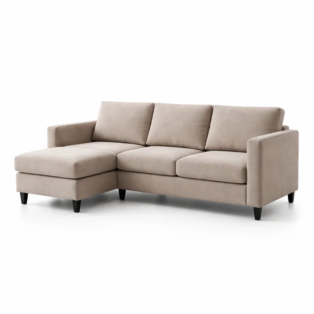 Divano Angolare in Tessuto Poliestere Beige con Chaise Longue-ZENVIBEZZ