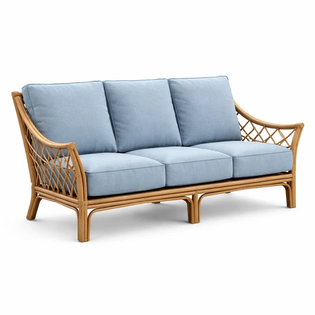 Divano in Rattan con Cuscini in Cotone Blu Tre Posti-ZENVIBEZZ