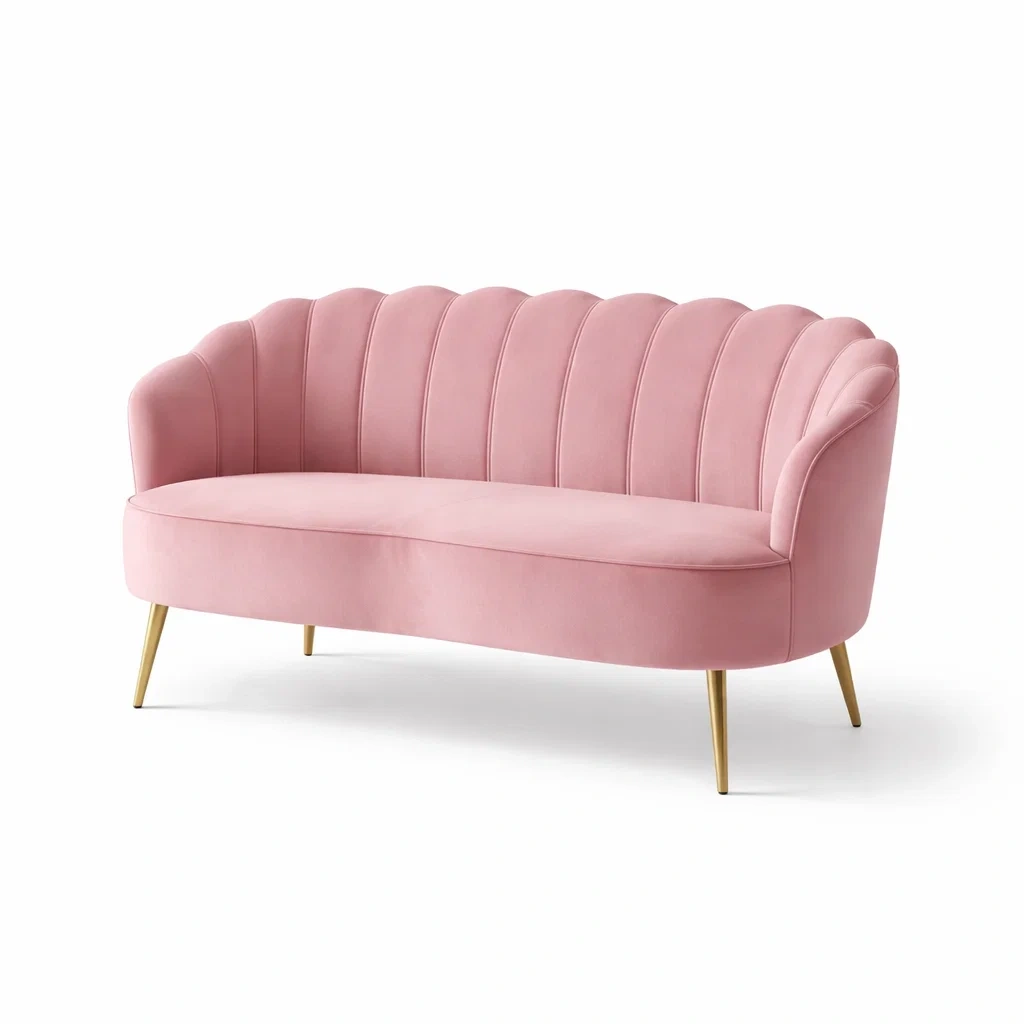 Divano in Velluto Rosa con Gambe in Metallo Dorato Tre Posti-ZENVIBEZZ
