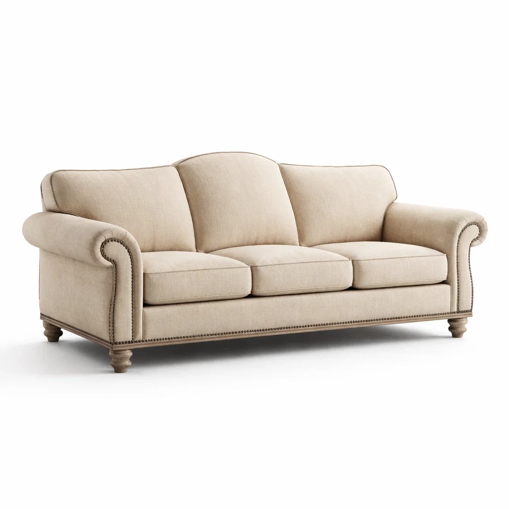 Divano in Tessuto Beige con Gambe in Legno Tre Posti-ZENVIBEZZ