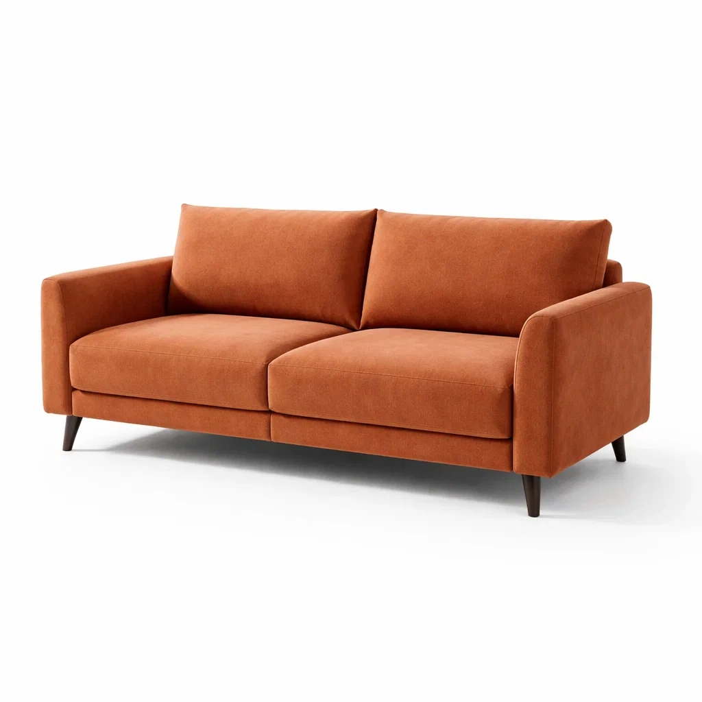 Divano in Tessuto Poliestere Arancione con Gambe in Legno Massello Tre Posti-ZENVIBEZZ