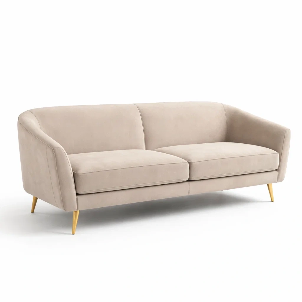 Divano in Velluto Beige con Gambe in Metallo Tre Posti-ZENVIBEZZ