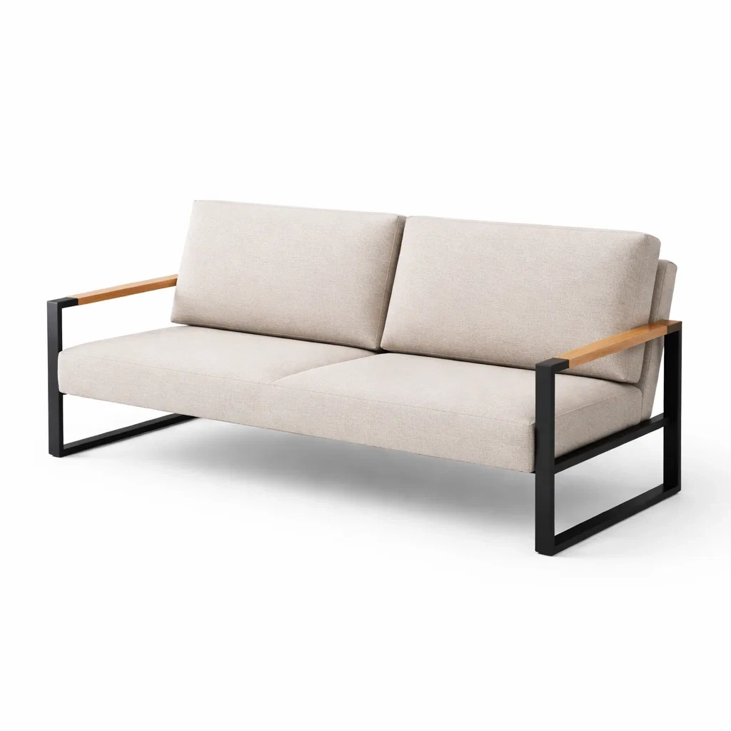 Divano in Metallo con Braccioli in Legno e Rivestimento in Tessuto Beige Tre Posti-ZENVIBEZZ