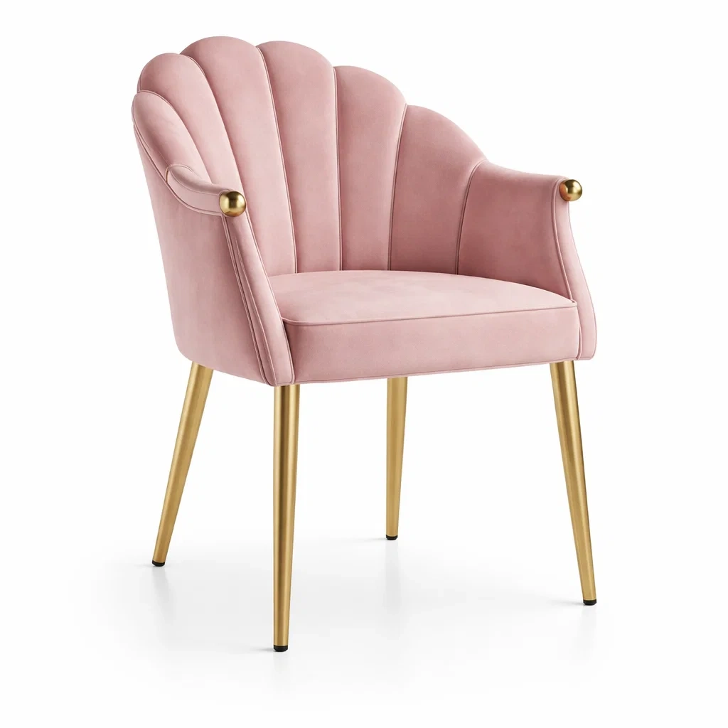 Poltrona a Conchiglia in Velluto Rosa con Gambe in Metallo Dorato-ZENVIBEZZ
