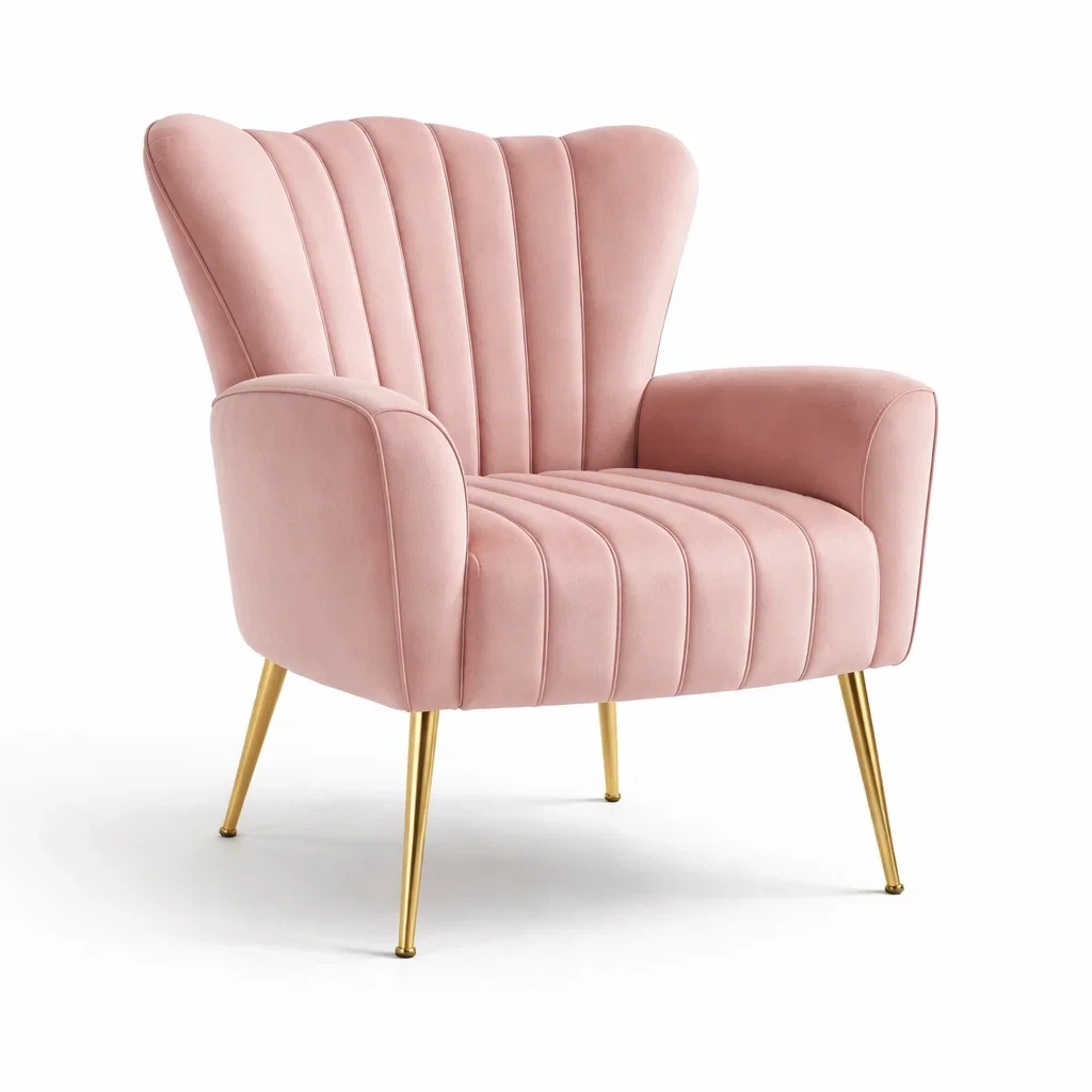 Poltrona in Velluto Rosa con Gambe in Metallo Dorato-ZENVIBEZZ