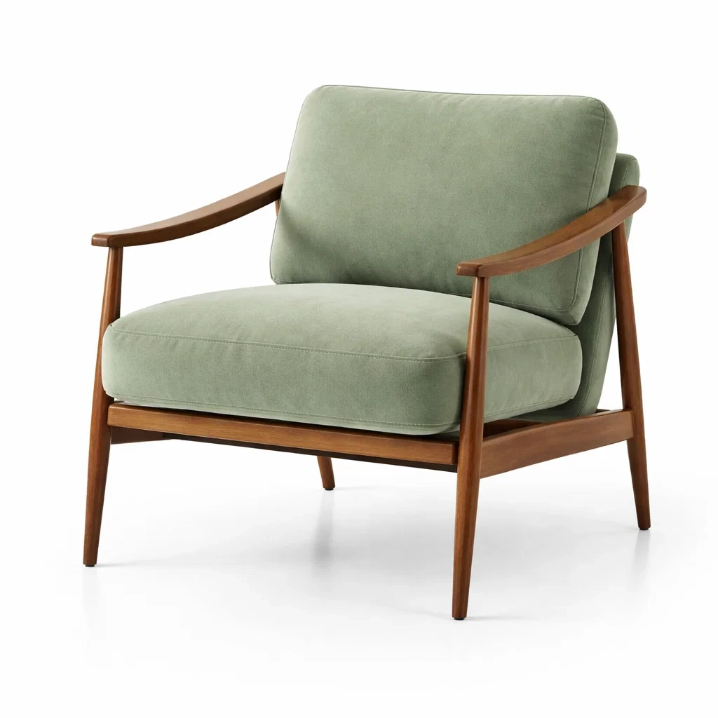 Poltrona in Legno Massello di Noce e Tessuto Poliestere Verde-ZENVIBEZZ