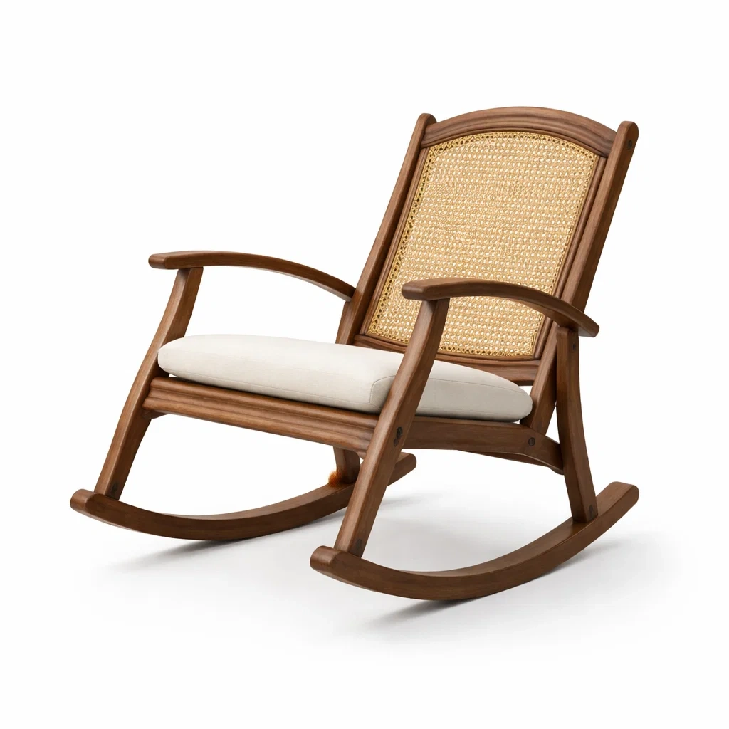 Sedia a dondolo in Legno Massello con Schienale in Rattan-ZENVIBEZZ