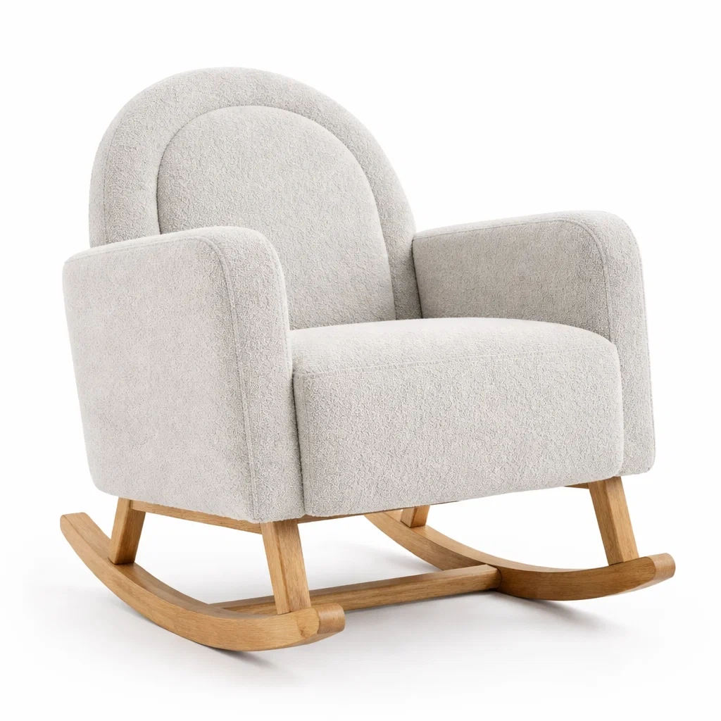 Sedia a dondolo in Bouclé con Struttura in Legno Massello Grigio Chiaro-ZENVIBEZZ