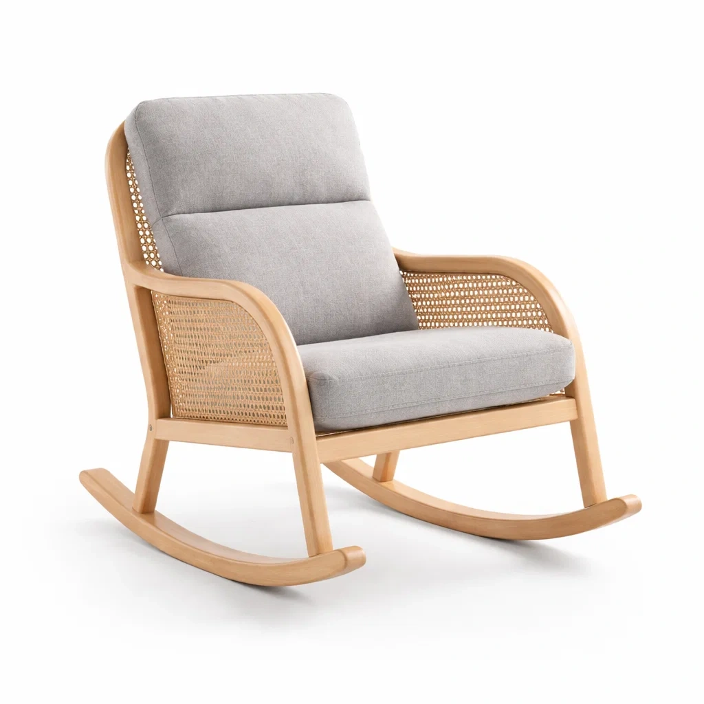 Sedia a dondolo in Legno di Faggio e Rattan con Cuscini in Tessuto Grigio-ZENVIBEZZ