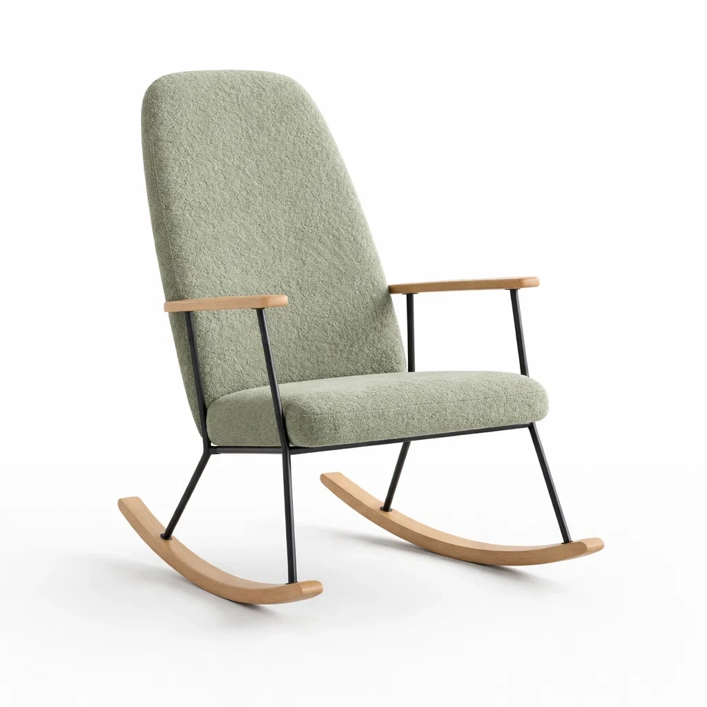 Sedia a dondolo in Tessuto con Struttura in Metallo e Legno Verde-ZENVIBEZZ