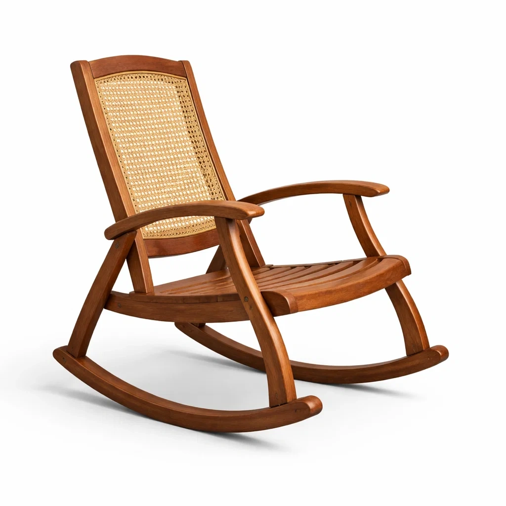 Sedia a dondolo in Legno e Rattan-ZENVIBEZZ