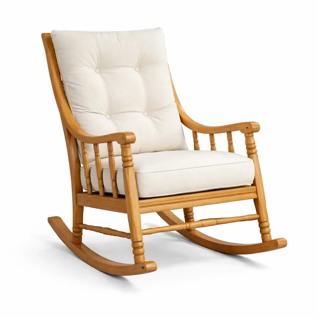 Sedia a dondolo in Legno con Cuscino Bianco-ZENVIBEZZ