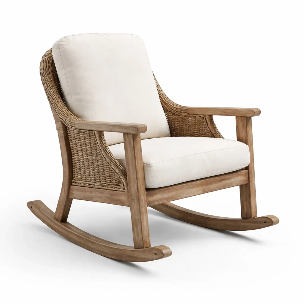 Sedia a dondolo in Legno e Rattan con Cuscini Crema-ZENVIBEZZ