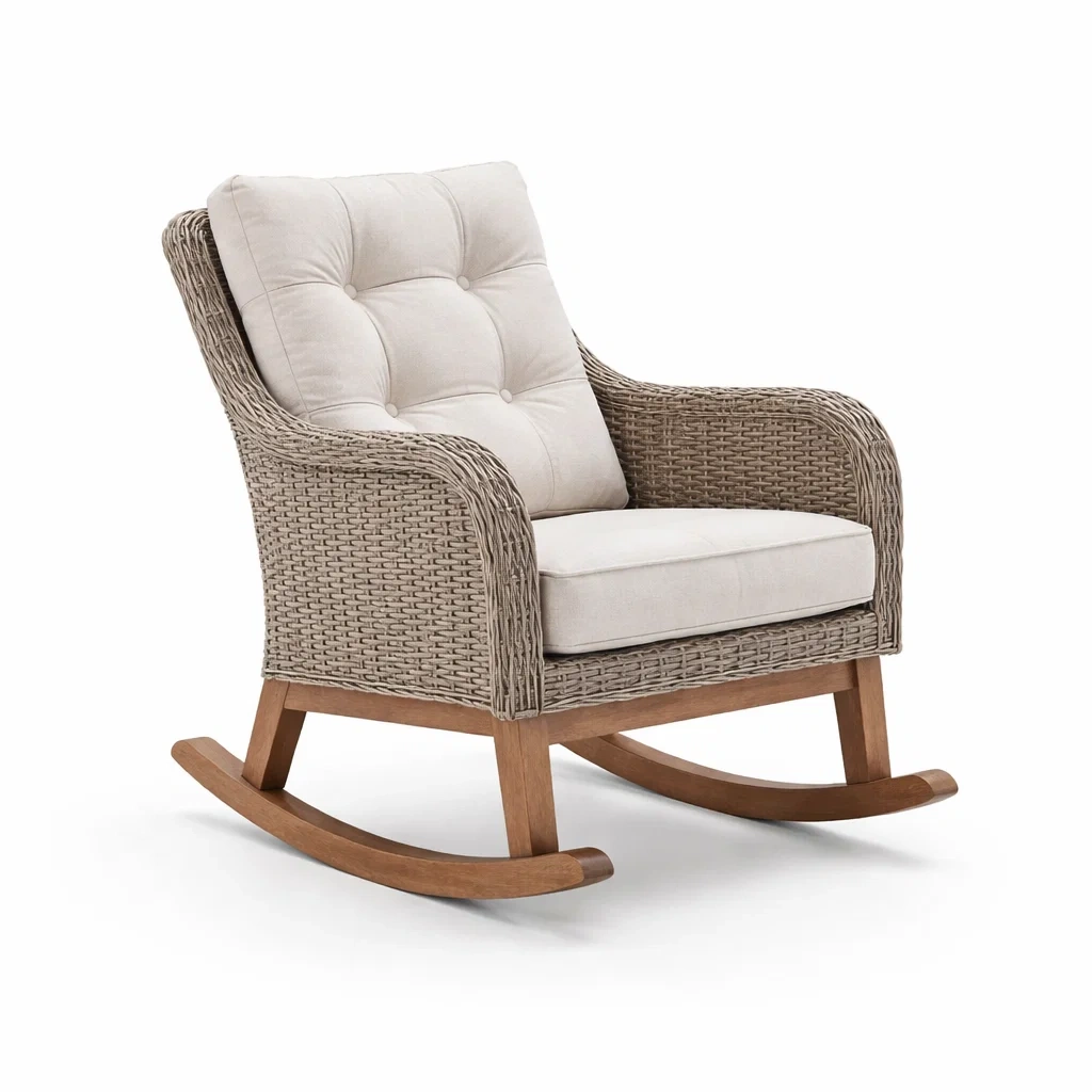 Sedia a dondolo in Rattan Sintetico con Cuscini in Poliestere Crema-ZENVIBEZZ