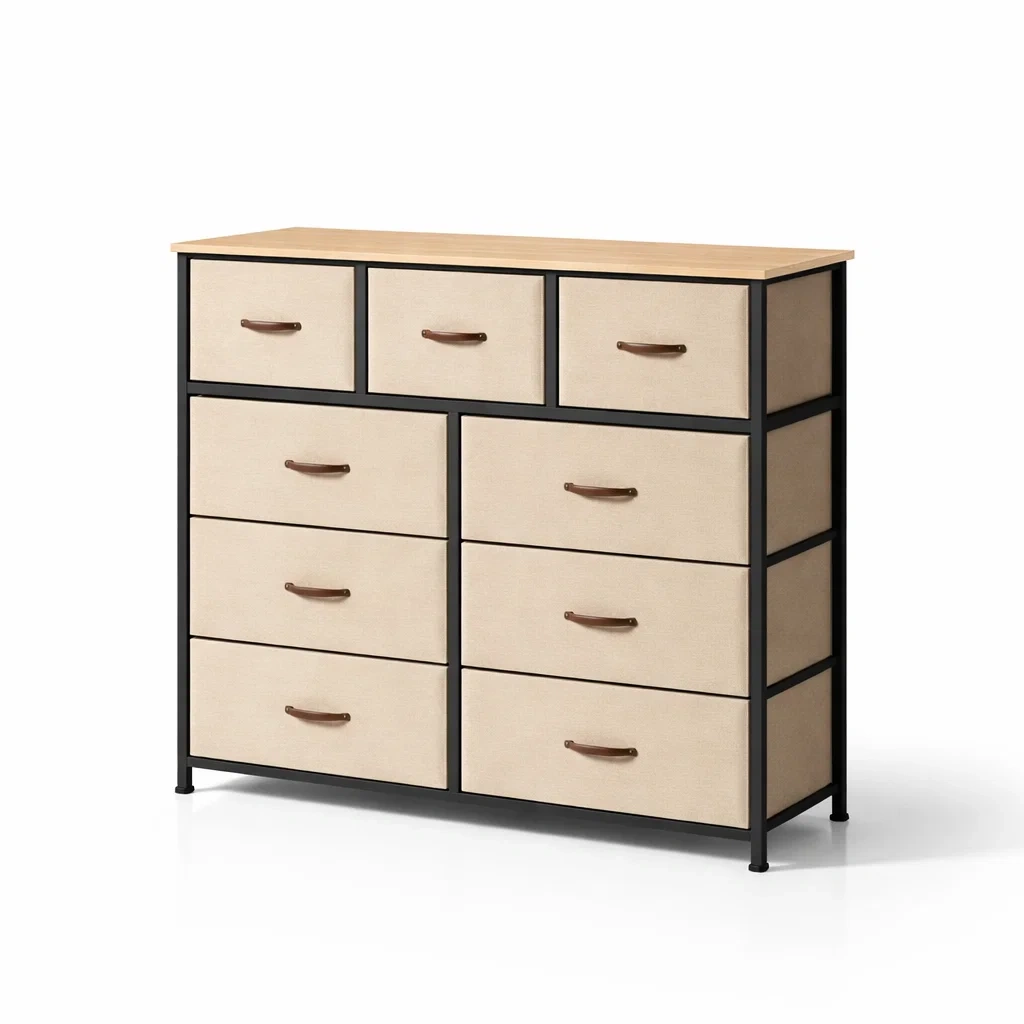 Cassettiera in Tessuto e Metallo con Struttura Nera e Cassetti-ZENVIBEZZ