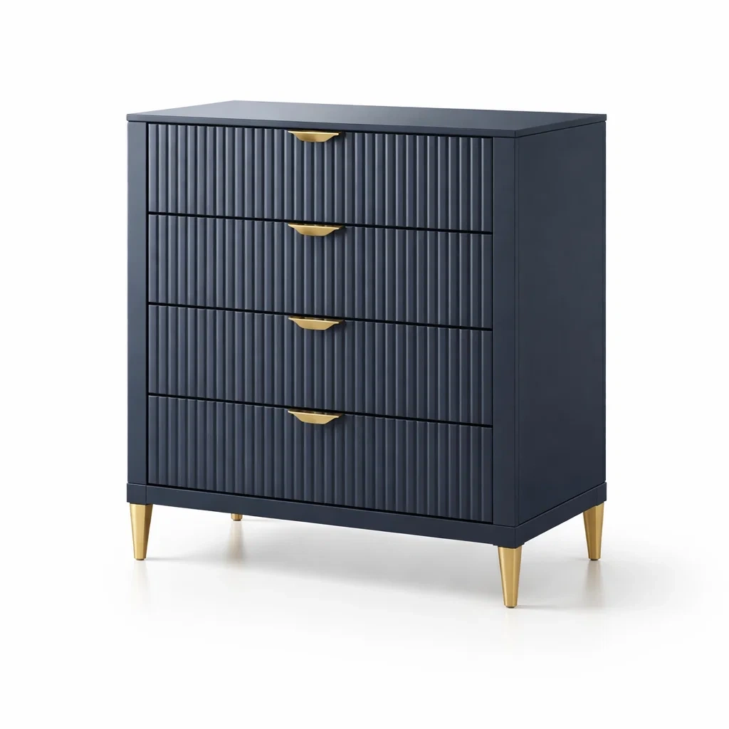 Cassettiera in Legno Composito Blu con Maniglie e Piedini in Metallo Dorato e Cassetti-ZENVIBEZZ