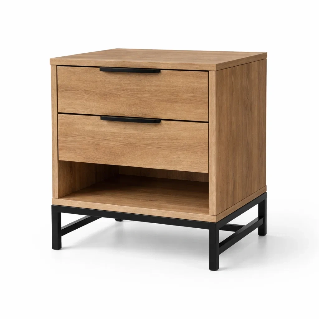 Comodino in Legno e Metallo con Due Cassetti e Ripiano Aperto-ZENVIBEZZ