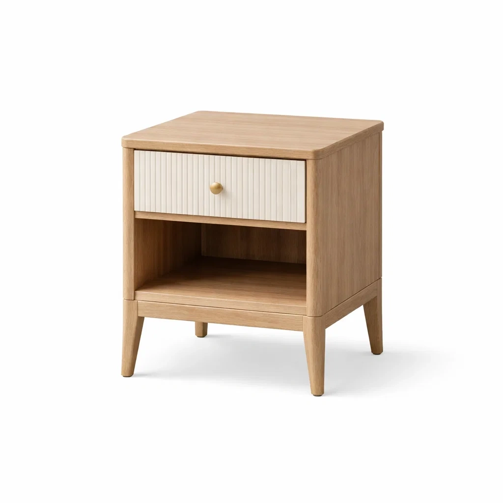 Comodino in Legno di Rovere Naturale e Bianco con Cassetto e Ripiano Aperto-ZENVIBEZZ