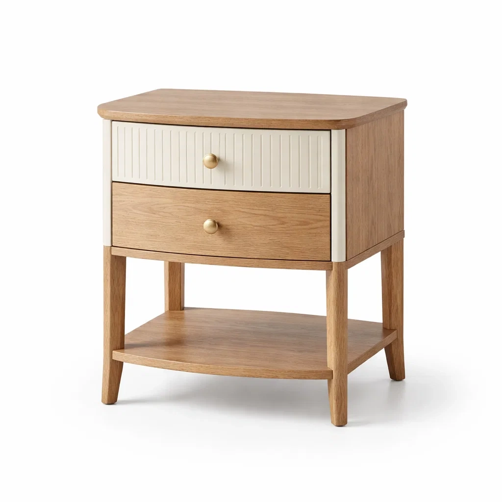 Comodino in Legno di Quercia con Due Cassetti e Ripiano-ZENVIBEZZ