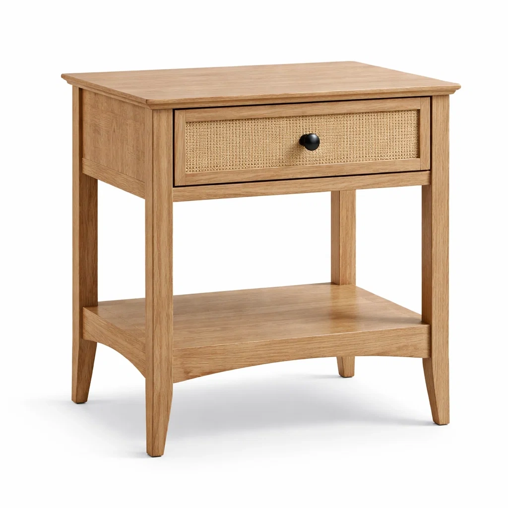 Comodino in Legno di Quercia con Cassetto in Rattan-ZENVIBEZZ