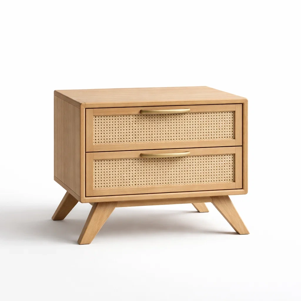 Comodino in Legno con Cassetti in Rattan-ZENVIBEZZ