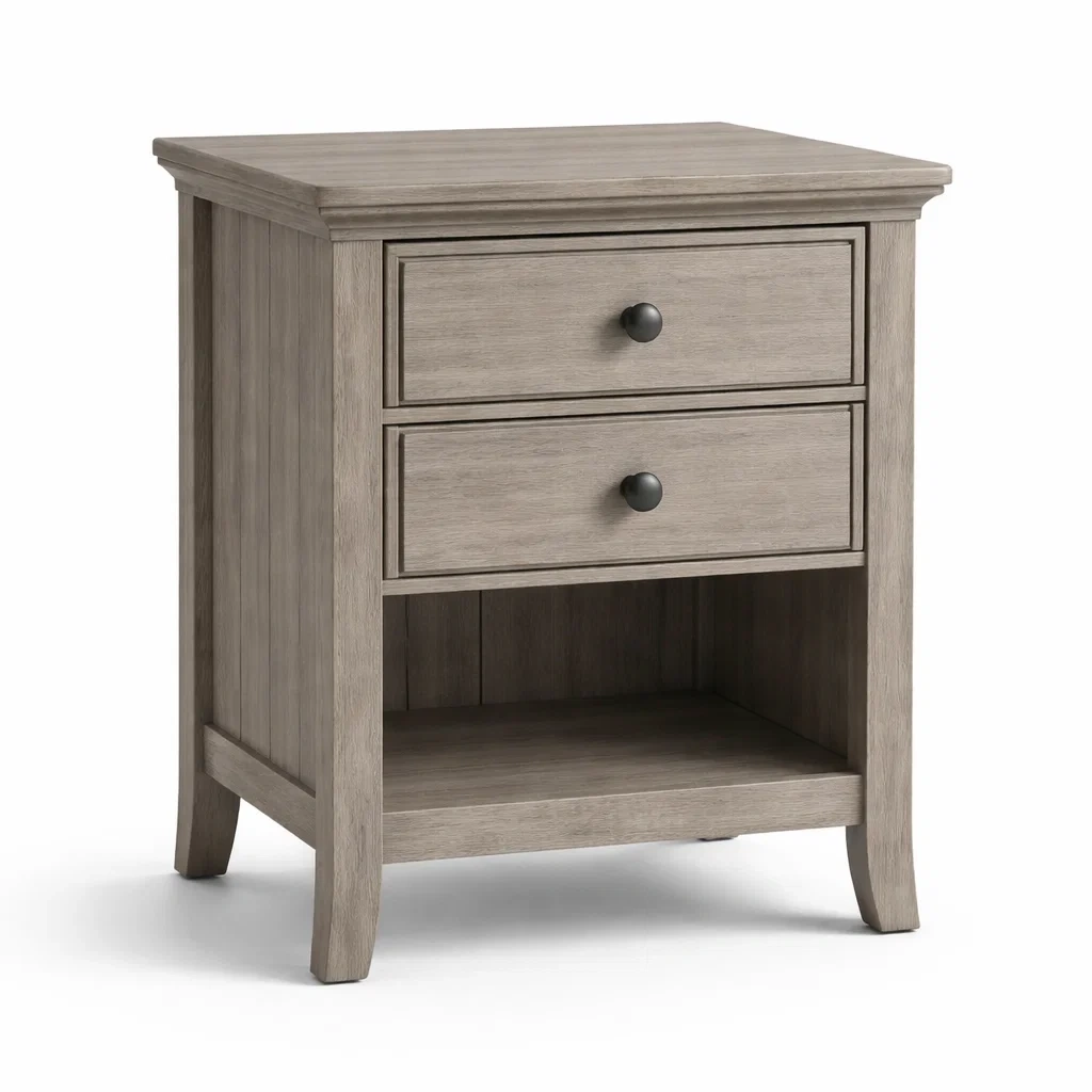 Comodino in Legno di Quercia Grigio con Due Cassetti-ZENVIBEZZ