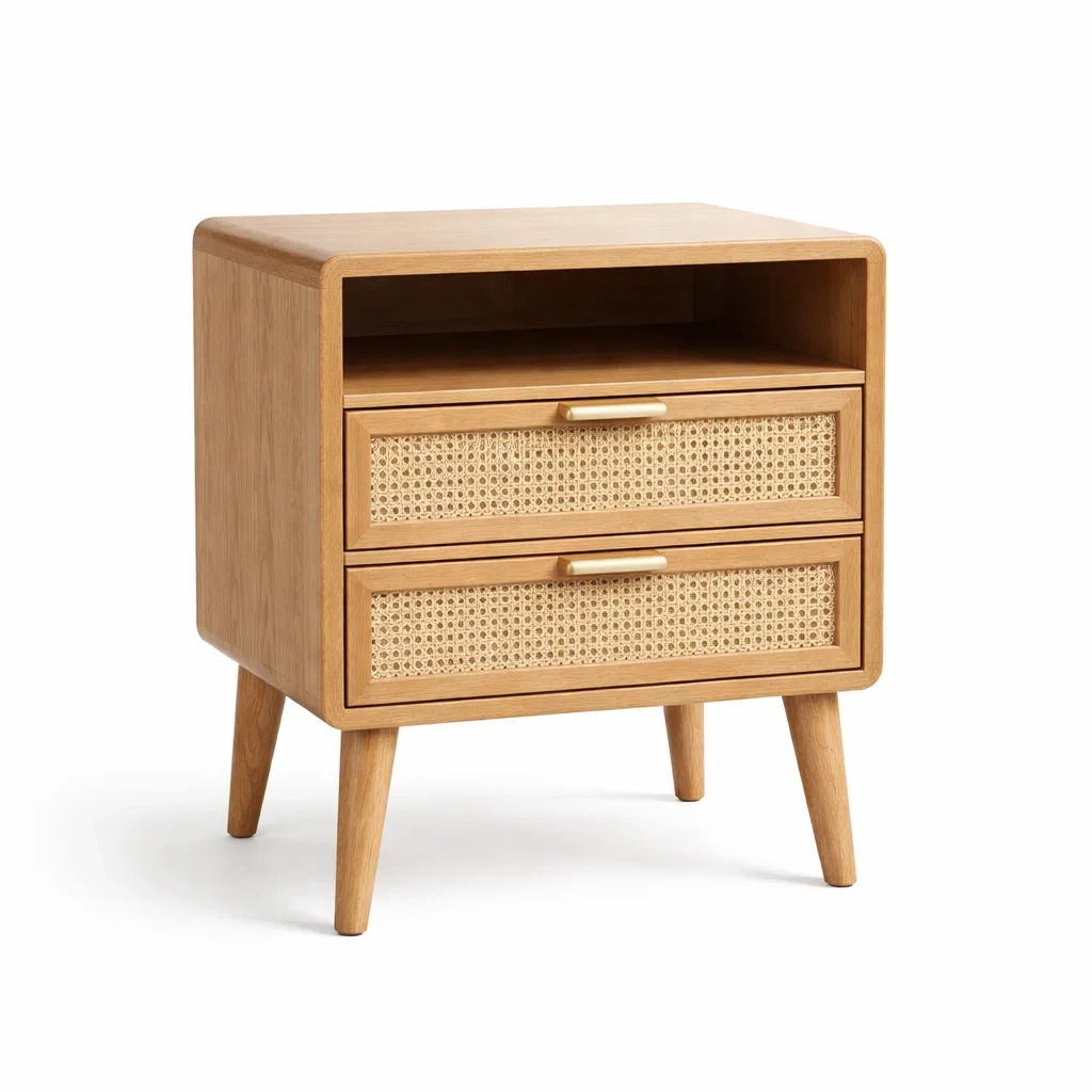 Comodino in Legno di Quercia e Rattan con Due Cassetti-ZENVIBEZZ