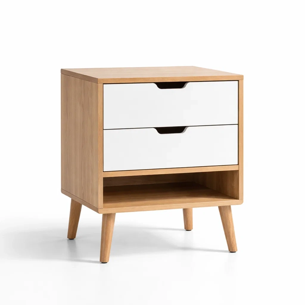 Comodino in Legno di Rovere con Due Cassetti Bianchi e Ripiano Aperto-ZENVIBEZZ